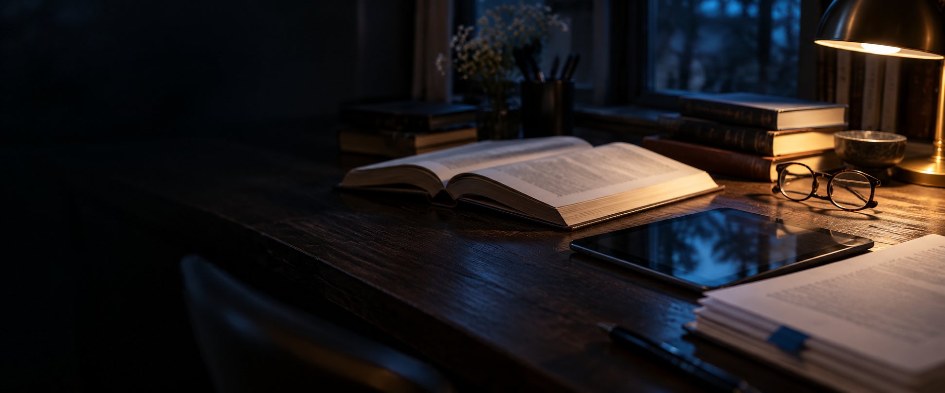 A desk with open books, printed research and a tablet