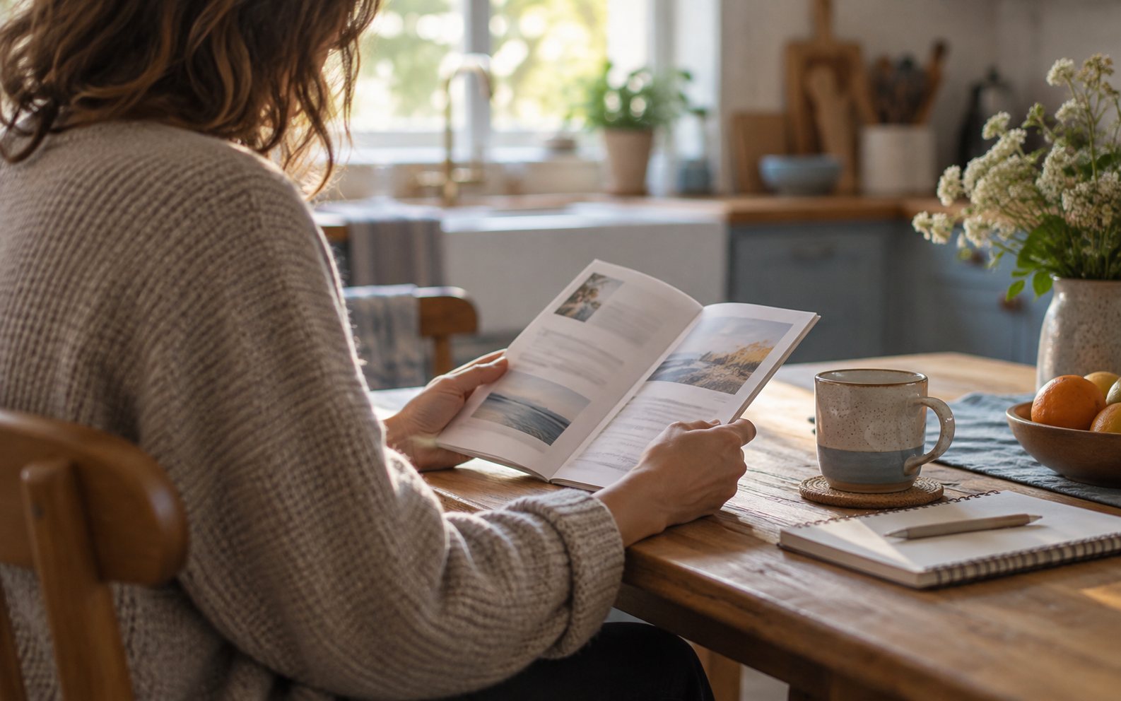 A person reading printed guides at a table