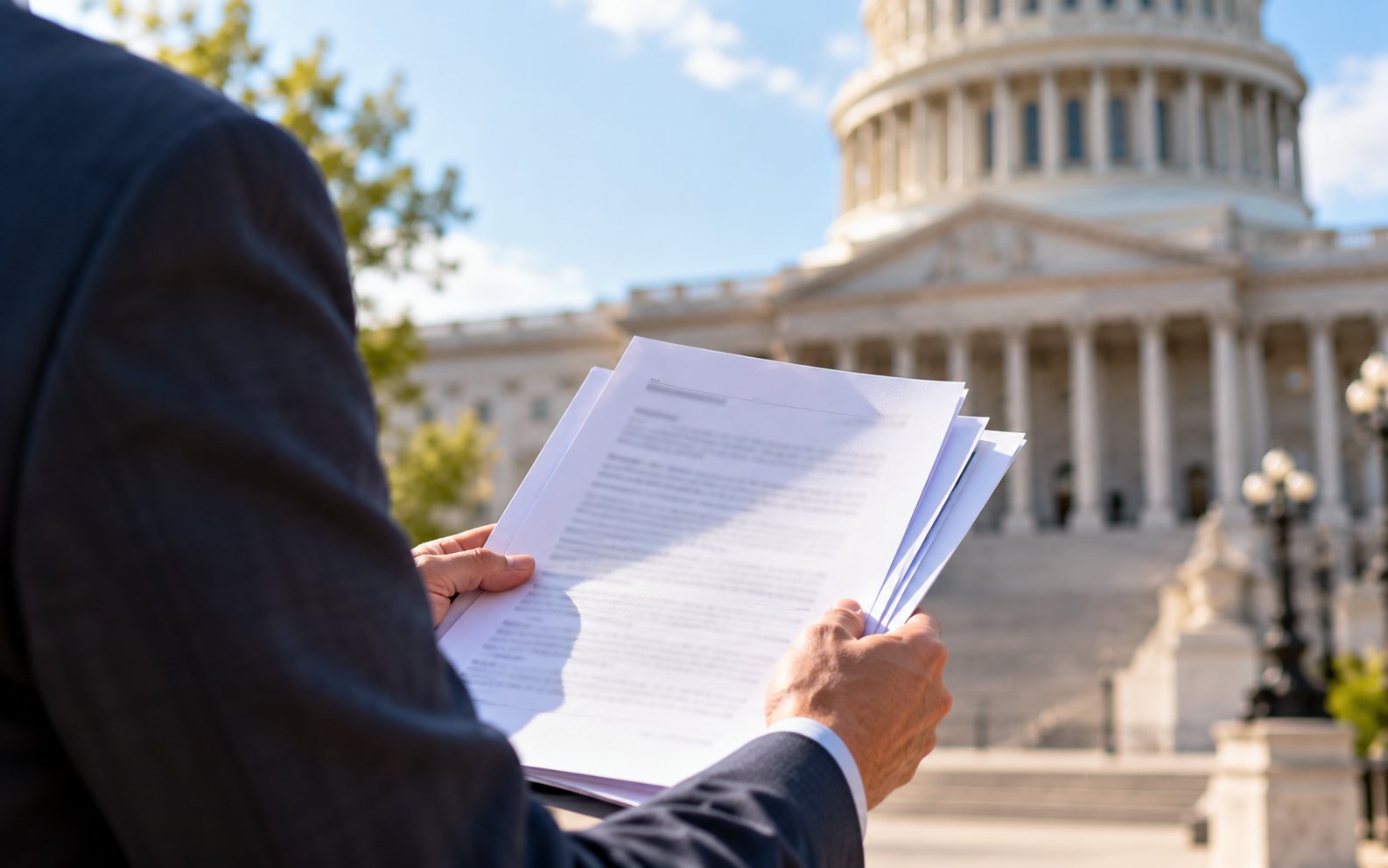 A person holding printed official documents outside a government building