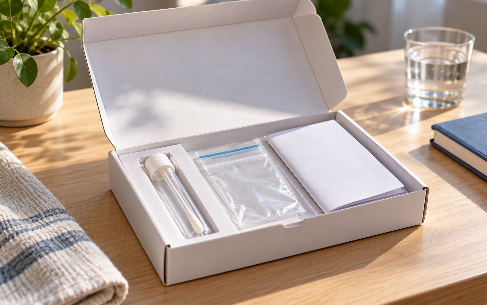An at-home sample collection kit on a desk