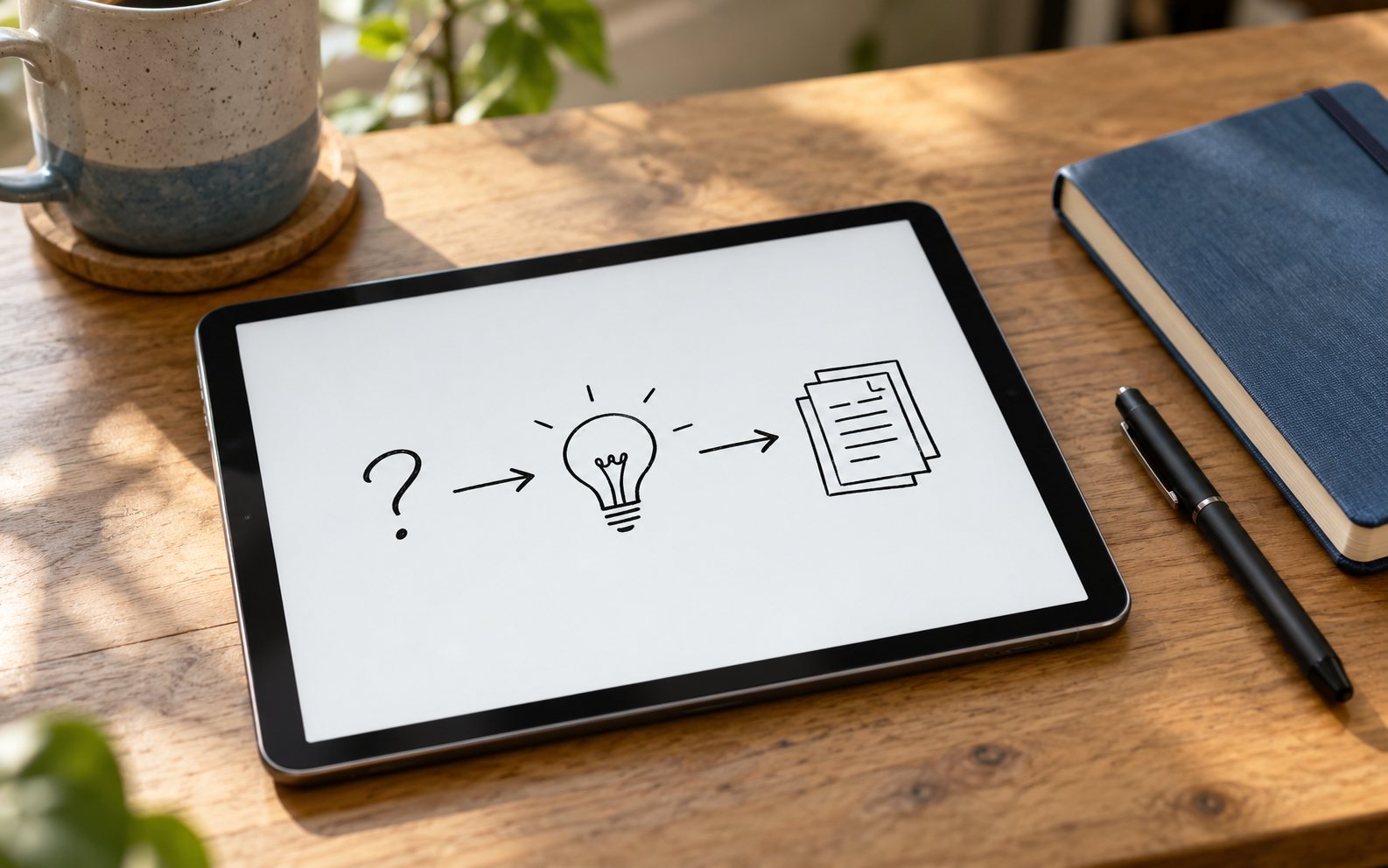 A tablet showing a simple hand-drawn explainer diagram